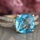 Cushion Swiss Blue Topaz Engagement Ring in 10k Yellow Gold Solitaire Ring December Birthstone Ring Blue Gemstone Band, Size 7 (Resizable)