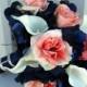Wedding bouquet coral navy white calla lily rose bridal bouquets silk wedding flowers