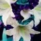 Cascade Bridal bouquet-silk flowers.purple,white,shades of aqua,teal,jade roses