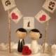 Custom Kokeshi Cake Wedding Toppers with Base, Bunting and Heart, Love Bunting, Mr and Mrs Bunting