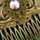 Art Nouveau Bronze filigree comb with Iridescent acrylic gem center  - Neo Classical Jewelry  Hair Accessories