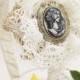Victorian Vintage Cameo Headband, Gold and White Hair Band, Gathered Lace with Black and White Cameo Hair Accessory