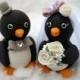 Penguin wedding cake topper - love birds with banner for names and date, 3.3" tall