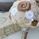 Cream, White, & Natural Burlap Bride's Bouquet - Sola Wood Flowers, Handmade Fabric Rosettes, Burlap, Pearls - Shabby Chic - The Sunnybee