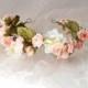Boho rose crown, pink and ivory floral headband, bridal head piece, hair garland, wedding accessory