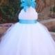 Tutu Dresses, Tutu Dress, Flower Girl Dress, Pure White Tulle, Turquoise Blue Ribbon, Blue Flower, Formal Dresses, Portrait Dress, Wedding