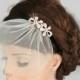 Rhinestone Bridal Head Piece, Mini Tulle Veil Blusher, Headband, Wedding Hair Accessory, Black Velvet, Crystal Headpiece, Handmade