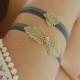 Gold rhinestone wedding garter, navy blue and gold garter, bridal lace garter - style 465
