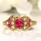 Antique Ruby & Clear Paste Ring Alternative Engagement Ring 10K Yellow Gold Petite Ruby Wedding Ring Vintage Promise Ring Size 7