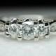 Vintage .62ct Three Stone Diamond Engagement Ring 14k White Gold - Size 9