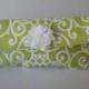 Mint with white scroll design cotton clutch with lace flower accent. Wedding, Prom, Quinceanera.