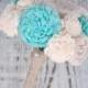 Small Bridesmaids Hand Dyed Aquamarine Sola Wood Wedding Bouquet - Mixed Ivory Wood Flowers, Fabric Rosettes, Burlap, Cream, Light Aqua