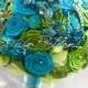 Blue and Green Wedding Brooch Bouquet. Deposit – “Caribbean Azure”. Heirloom, Hot Lime Green Brooch Bouquet. Bridal Broach Bouquet