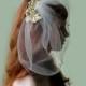 Bridal comb clip fascinator headdress golden crystal leaves speckled pearls crystals gold tulle veil - ALEXANDRA