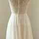 Ivory short/ knee length lace chiffon wedding dress with illusion neclikine