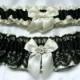 Ivory Satin and Black Lace Wedding Garter Set - W/ Real Crystal Embellishment - Toss Garter Included - Plus Size Too