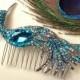 Turquoise Blue Rhinestone Peacock Bridal Hair Comb, Heirloom Teal Bird Silver Brooch to Large Headpiece Art Deco Aqua Blue Wedding Accessory