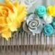 Yellow Hair Comb Wedding Head Piece Floral Hair Comb Bridesmaid Gift Big Rose Canary Yellow Turquoise Emerald Fall Trend Autumn Colors