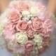 Brides artificial pink wedding bouquets with a vintage glamorous twist diamante and pearls with hydrangea ,blossom and foam roses