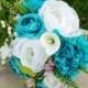 Wedding Teal Turquoise Natural Touch Roses Silk Flower Bride Bouquet