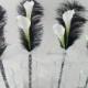 4 PieCe SiMPLY eLeGaNT HaND TieD CaLLa LiLY BRiDeSMaiD Bouquets WiTH FeaTHeRS BLaCK aND WHiTe DaMaSK WeDDiNG FLoWeRS