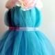 Beautiful Flower Girl Dress,  Tutu Dress, Turquoise with Delicate Oversized Pink and Cream Flower
