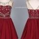 Burgundy Short Prom Dress/Silver Beading Homecoming Dress/Beading Knee Length Party Dress/Wedding Party Dress DH379