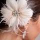 Bridal Feather Hair Piece, Soft White or Light Ivory, Champagne Streamers, Swarovski Rhinestone Center, Birdcage Fascinator  - Estelle