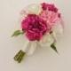 Pink Peony Bouquet (Real Touch Flower Bouquet) Dark Pink Peony, Light Pink Peony, Ivory Roses