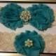 Dark Teal Wedding Garter -  Bridal Garter Set - Ivory Stretch Lace Dark Teal Chiffon Flowers - Pearl Rhinestone embellishment...