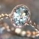 14k Rose Gold Floral Aquamarine Engagement Ring in Pebble Diamond Wedding Band 9x7mm Oval Aquamarine Ring (Bridal Wedding Set Available)