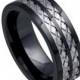 8mm Band Ring His Hers Wedding Engagement Men Women Unisex High Polish Black Ceramic Textured Wrap around Diamond Tungsten Carbide Inlay