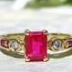Emerald Cut Ruby & Diamond Vintage Engagement Ring 10K Yellow Gold Diamond Wedding Ring Alternative Engagement Ring Bridal Jewelry Size 7!