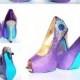 Peacock Heels with Swarovski Crystal Feather in Purple Glitter with Aqua Soles