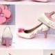 Light Pink Bridal Shoes -Bride's Name & Wedding Date - Personalized Wedding Shoes - Pink Bridal Swarovski Pumps -Fabric Flower Wedding Heels