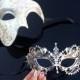 His & Hers Gorgeous Phantom Masquerade Masks [Ivory/Silver Themed] - Ivory Half Mask and Silver Laser Cut Masquerade Mask with Diamonds