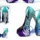 Wedding Shoe, Bridal Shoe: Peep Toe, High Heels, Ankle Strap, Mint and Purple Ombre Glitter, Last Name, Silver Bling, "I Do", Purple Crystal