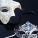 Couples Masquerade Mask, His & Hers Luxury Phantom Masquerade Masks [Ivory/Silver Themed] - Ivory Half Mask and Silver Mask with Jewels