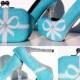 Aqua Glitter Blue Heels with Swarovski Crystals and Pearls with matching Clutch