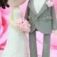 Wedding Cake topper Pink theme lace strapless wedding dress clay doll, clay couple decoration, clay figurine, clay miniature ring holder