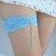 Sky Blue Wedding Garter Set  Lingerie & Garters Garters Stretch Lace Bridal Garter With Long Rhinestone Charm - Handmade Bridal Clothing