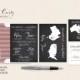 Chalkboard-inspired Two Countries, Two Hearts, One big celebration Wedding Stationary Invitation and RSVP postcard