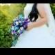 Cascading bridal bouquet "Anjelica"  with teal hydrangeas, purple calla lilies and orchids, peacock feather accent