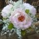 Peony, lilies of the valley artificial bridal bouquet, blush, white fake flower, bride bouquet, rustic country bouquet, burlap and lace