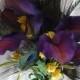 Purple calla lily bridal bouquet, Free groom's boutonniere,  calla lilies, peacock feathers, orchids, plum wedding bouquet, eggplant purple