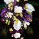 Plum purple cascading bouquet, white and plum calla liles,  hydrangeas, orchids, lime green accent,  eggplant purple bouquet