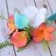 Small Wedding Coral Orange and Turquoise Teal Natural Touch Orchids, Callas and Plumerias Silk Flower Small Bridesmaid Bride Bouquet