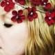 Red Velvet Flower Bridal Headpiece crown halo garland with silver and crystal beads