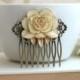 Ivory Antiqued Gold, Shabby Chic, Vintage Style Ivory Rose Flower Hair Comb. Ivory Gold Rose Hair Comb. Wedding Comb. Bridesmaids Gift