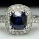 2.23ctw Natural Sapphire Diamond Halo Engagement Ring 14k White Gold Sapphire Engagement Wedding Band Rectangular Cushion Cut
